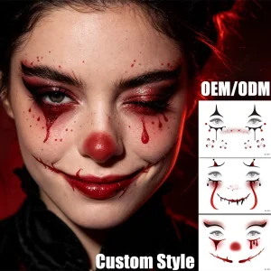 Custom OEM Non Toxic Temporary Tattoo Stickers Halloween Scary Clown Face Bloody Stitched Smile Tattoos for Cosplay