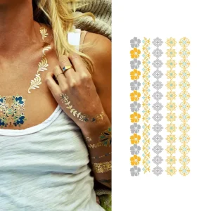 Custom Printed Waterproof Gold Metallic Women Body Flash Sticker Temporary Tattoo