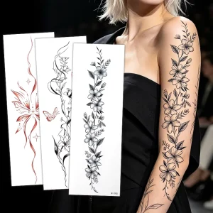 Custom Professional Botanical Realistic Sketch Floral Vine Full Arm Non-toxic Temporary Tattoo Stickers for Women Decoration