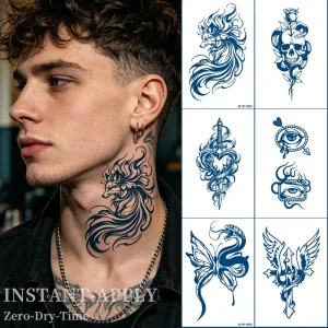 Custom Professional Realistic Fox Skull Snake Dark Blue 2 Week Stay Men Neck Body Decoration Non toxic Waterless Tattoo Stickers