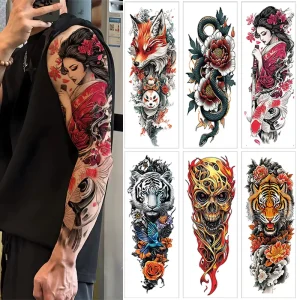 Custom Realistic 4-Color Japanese Dragon Geisha Skull Flower Full Sleeve Tattoos Non-Toxic Safe Design Temporary Tattoo Sticker