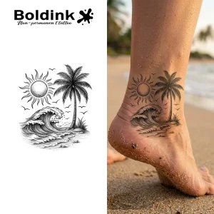 Custom Realistic Beach Wave Palm Tree Body Art Waterproof Long Lasting 2 Weeks Semi Permanent Tattoo Sticker Jagua Ink