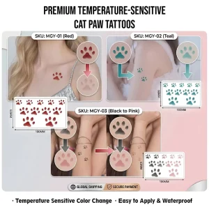 Custom Realistic Cat Paw Thermal Color Changing Tattoo Waterproof Body Sticker for Promotion Gift 3 SKUs Available