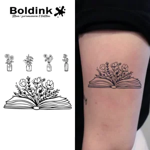 Custom Realistic Open Book Floral Wildflowers Body Art Waterproof Long Lasting 2 Weeks Jagua Juice Ink Tattoo