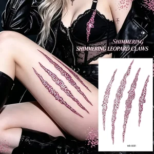 Custom Realistic Shimmering Pink Leopard Print Claw Mark Scratch Animal Non-toxic Temporary Tattoo Stickers for Sexy Leg Thigh