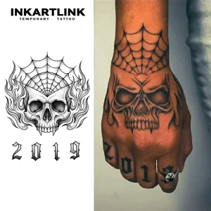 Custom Realistic Skull Spiderweb Body Art Waterproof Long Lasting 2 Weeks Semi Permanent Tattoo Sticker Jagua Ink