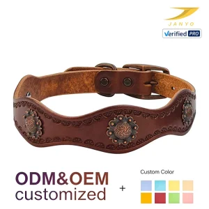Custom Retro Soft Genuine Leather Dog Collar Hand Tooled Floral Copper Conchos Western Wide Wavy Adjustable Pet Collar