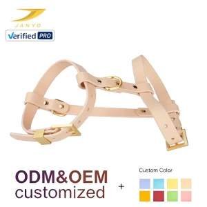 Custom Waterproof Vegan Leather Dog Harness Nude Pink Solid Color Gold Rivet Buckle Adjustable Y Shape Comfort Pet Chest Harness