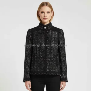 Custom Women’s High Neck Tweed Sculptured Jacket for Winter