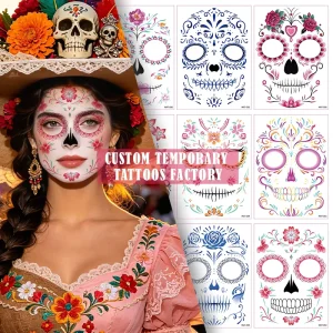 Custom of the Dead Matte Temporary Tattoo Stickers Halloween Sugar Skull Face Tattoos for Cosplay Role Play Body Art Makeup