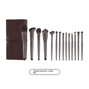 Customizable 14-Piece Red Wood Handle Makeup Brush Set with Travel Storage Pouch for Face & Concealer Application