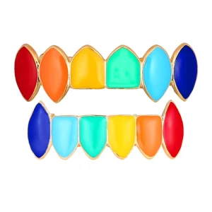 Customizable Gold Teeth Grillz Body Chain Hip-Hop Halloween Accessory Rainbow Drop Oil Color For Engagement Party Gift