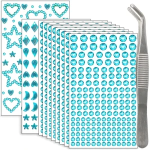 Customizable Lake Blue Hair Jewels Face Gems Stick Removable Gold Stamped Glitter Rhinestones Stickers for Body Eyes Decoration