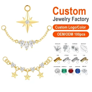 Customizable S925 Silver Piercing Studs 5A CZ Chain Pendant Body Jewelry – DIY Nose, Tragus, Conch, Tongue Rings
