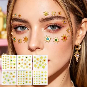 Customize Yellow Sun Face Gem Sticker Waterproof Makeup Self Adhesive Rhinestone Jewel Face Eyeline DIY Sticker for Party