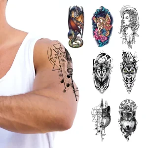 Customized Adult Man Woman Half Arm Waterproof Wolf Skull Dragon Flowers Image Tattoo Stickers