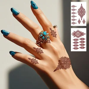 Customized Brown Red Haina Tattoo Sticker Sexy Nail Flower Design Waterproof Temporary Paper Back Tattoo White Online Color