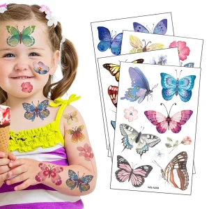 Cute Colorful Butterfly Wings and Flower Temporary Tattoos for Birthday Parties