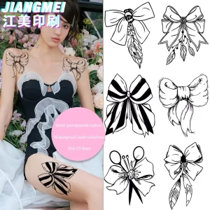 Cute Funny Dark Blue Bow Arm Thigh Tattoo Stickers for Girls Long Lasting Semi-Permanent Juice Water Transfer Paper Temporary