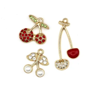 Cute Gold Plated Rhinestone Enamel Cherry Charms Pearl Pendants For DIY Jewelry Making Necklace Bracelet Earrings Crafts