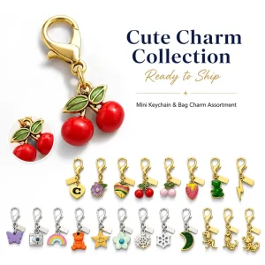 Cute Mini Alloy Keychain Bag Charm Set Cherry Heart Moon Rainbow Star Pendant Gold Plated Women Accessories OEM