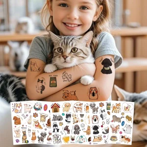 Cute Pet Cartoon Custom Temporary Tattoo Stickers Water Transfer Body Art for Children Adhesive Inks on Paper