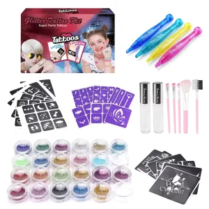 DIY Temporary Glitter Tattoos Kit for Kids 24 Glitter Colors Stencil Stickers Temporary Tattoo Toys