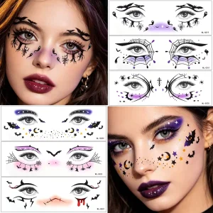 Dark Aesthetic Spider Bat Eye Makeup Temporary Tattoo Stickers Fashion Waterproof Face Decals for Music Festival Halloween Party