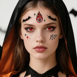Dark Horror Face Jewels Stickers Black Bat Spider Fire Crystal Stick on Face for Halloween Cosplay