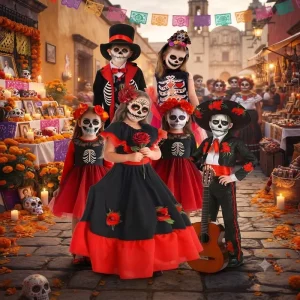 Day of Dead Kids Costume Set Senorita Mariachi Skeleton Facepaint Crowns Guitars for Halloween Parade Photos All Sizes