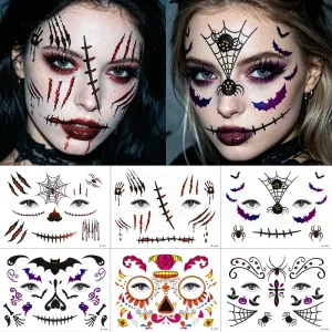 Day of the Dead Sugar Skull Floral Skeleton Temporary Face Tattoo Decal for Women, Halloween