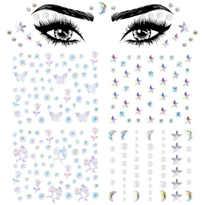 Decorative Star Butterfly Moon Face Jewel Acrylic Pearl Rhinestone Gold Stamping Removable Eye Body Tattoo Stickers Holiday