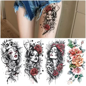 Design 3D Black Realistic Temporary Tattoo Fire Lion Tiger Wolf Flower Skull Halloween Half Arm Sleeve Tattoos Stickers