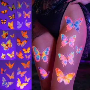 Design Waterproof Fluorescence Tattoo Stickers, Glow Under the Black Light Fun Party Tattoo Stickers