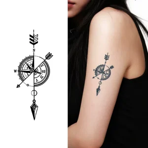 Designer Compass Temporary Tattoo Semi Permanent Tattoo Waterproof Sweatproof Last for 2 Week Realistic Tattoo for Arm Body