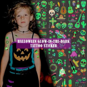 Dia De Los Muertos Glow Tattoo Stickers Waterproof Kids Cartoon Designs Party Fluorescent Temporary Body Art for Halloween
