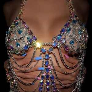 Diamond Body Chain Jewelry Body Necklaces for Women Shiny Crystal Body Chains Silver Rhinestones Shiny Bra Chains
