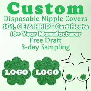 Disposable Sexy Women Seamless Adhesive Strapless Nipple Covers Custom Green Glitter Clover Pasties Logo Print for Parties