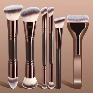 Double Head 6PCS Synthetic Hair Flat & Fan Brush Makeup Brush Set Black Gold Plastic Handle Face & Eye Use Eyeliner