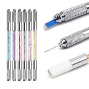 Double Side Crystal Permanent Makeup Eyebrow Microblading Manual Pen Blade Holder for Flat & Round Needles