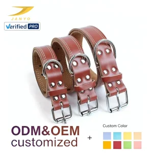 Double Stitch Cowhide Leather Dog Collar Rivet Fixed Hardware Multiple Sizes Durable Outdoor Training Pet Collar Custom Logo