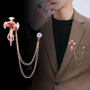Dragon Wrapped Cross Sword Rhinestone Brooch Double Layer Tassel Chain Lapel Pin Gold & Silver Plated Crystal Brooch for Party
