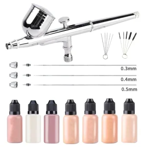 Dual Action 7 Shades Airbrush Foundation Makeup Kit with Cleaning Tool Gravity Feed Type for Nail Art and Cake Airbrushing