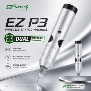 EZ Tattoo P3 Silver Adjustable Stroke Wireless Tattoo Pen Permanent with 2000mAh Battery Pack and Digital LED Display