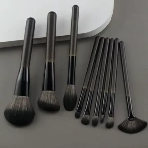 Eco Friendly Handcrafted Wooden Handle Synthetic Fibre Flat Brush 9 Piece Custom Logo Face Concealer Makeup Brush Set