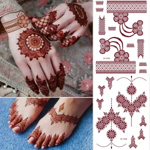 Eco-friendly Non-toxic Brown Red Temporary Water Transfer Printing Lace Henna Tattoos Brown Henna Temporary Tattoo Stickers