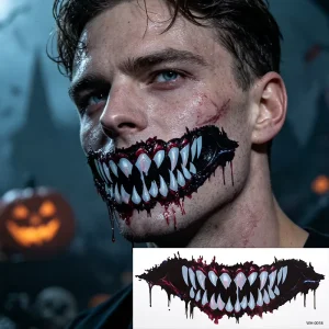 Eco friendly Non toxic Horror Mouth Tattoo Sticker Realistic Bloody Vampire Teeth Temporary Face Decal