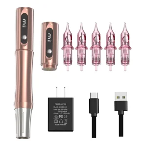 Electric Hallow Motor 5 Speeds Gold Wireless Permanent Makeup Eyebrow Pen with 5 PCS Cartridges