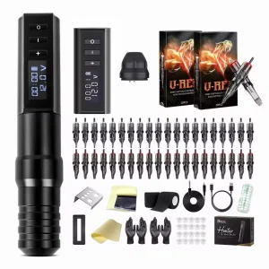 Electric Tattoo Gun Kit Wireless Tattoo Machine Pen Full Complete Set with 40pcs Tattoo Cartridge and Accessories