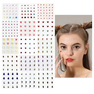 Electroplated Rhinestone Face Gem Stickers Heart Multi-Shape Colorful Self Adhesive Eye Face Gems for Festival Rave